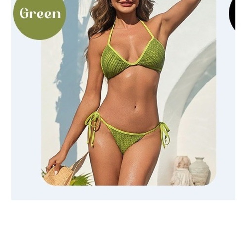 Fisoew Womens Lime Green Crochet Knit Triangle Halter Bikini Set Medium/#26538